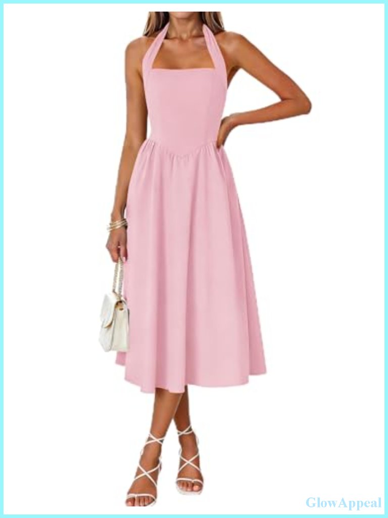 Women's Sleeveless Halter Midi Dress High Waist Swing Beach